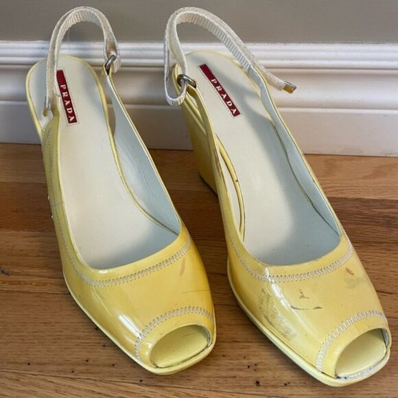 Prada Peep Toe Wedge Slingback Heels Size 40 Damaged - Picture 1 of 8